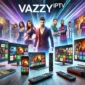 Promotional image showcasing Vazzy IPTV on multiple devices, including smart TVs, laptops, and smartphones, displaying vibrant live TV, movies, and sports content. The image highlights a sleek, modern design that emphasizes seamless streaming and affordable IPTV service.