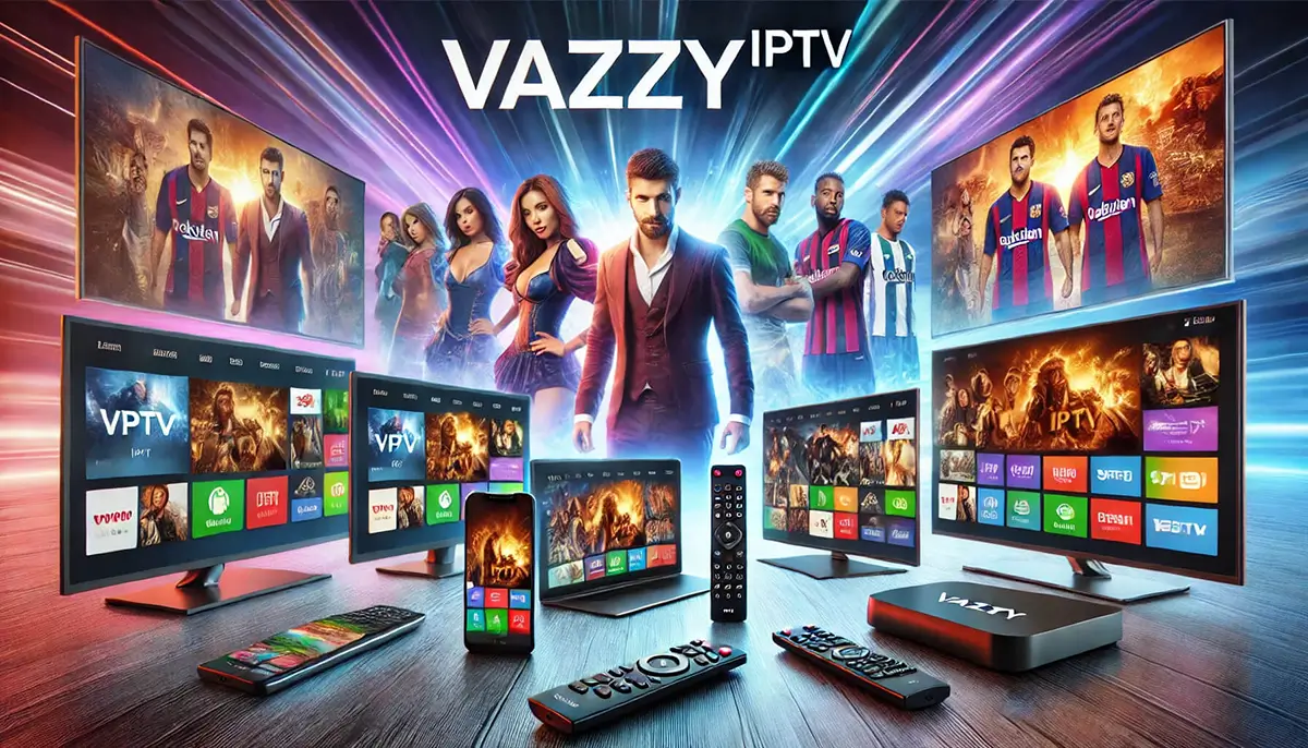 Promotional image showcasing Vazzy IPTV on multiple devices, including smart TVs, laptops, and smartphones, displaying vibrant live TV, movies, and sports content. The image highlights a sleek, modern design that emphasizes seamless streaming and affordable IPTV service.